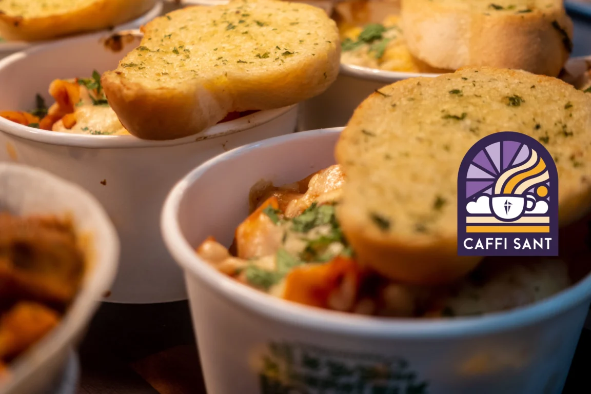 Free School Meals at St David's College showing garlic bread on top of pasta
